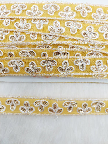 Wholesale Yellow Net Lace Floral Embroidery & Glitter Gold Sequins, Indian Wedding Border, Gifting Ribbon Costume Trim Fashion Trimming